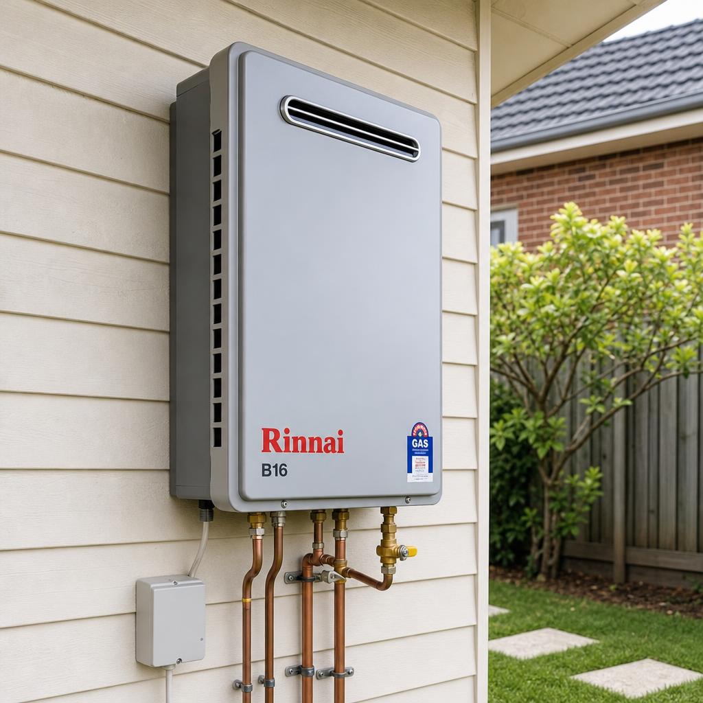 Rinnai continuous flow gas hot water unit installed on a modern Wyndham home
